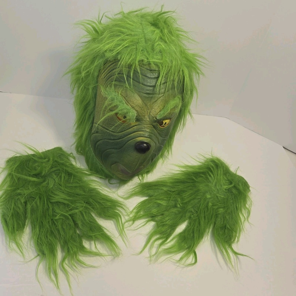The Grinch Adult Full Head Latex Mask And Gloves Faux Fur Halloween Christmas